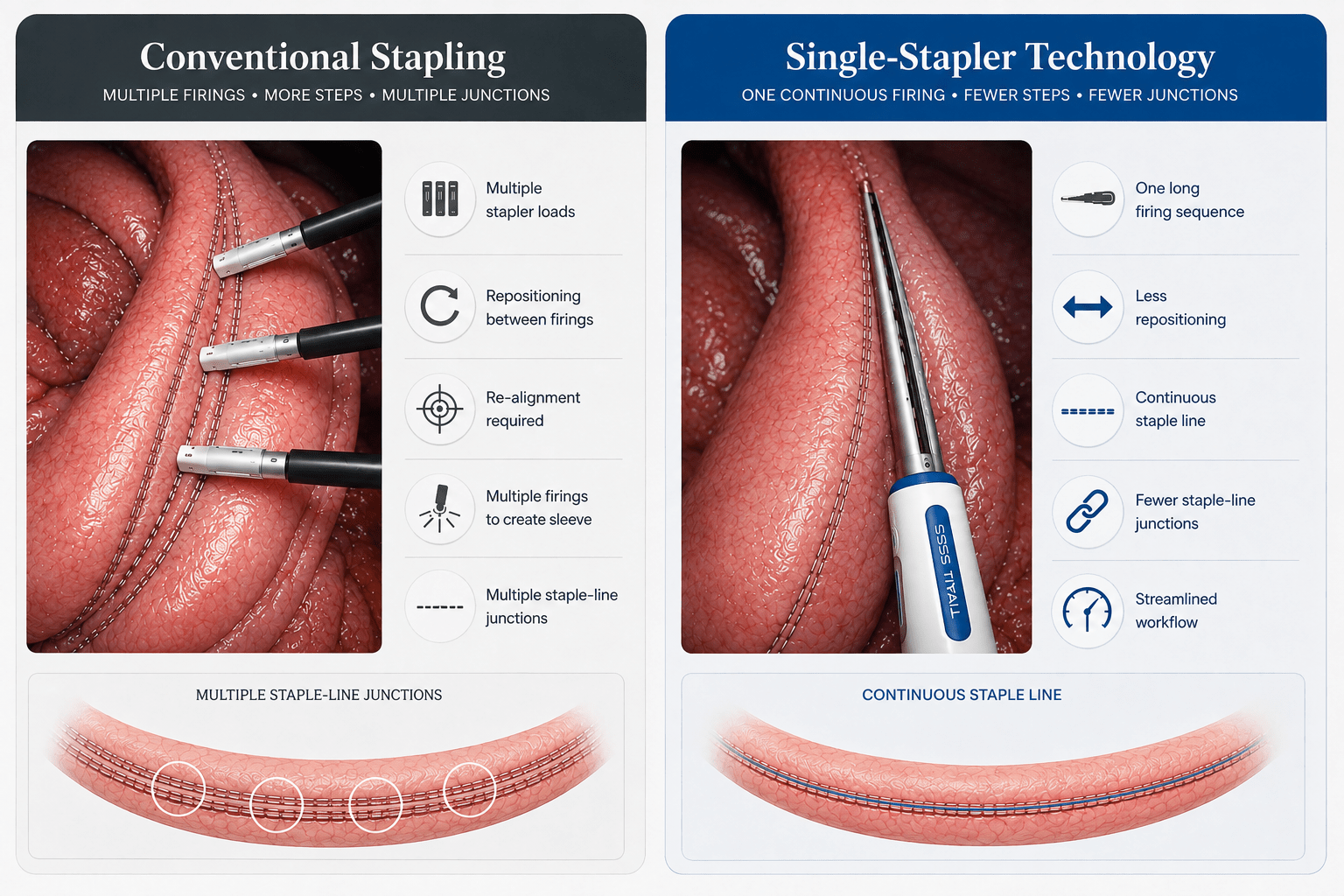 Comparison of conventional stapling and single-stapler technology in colorectal surgery, illustrating multiple firings and staple-line junctions versus a continuous staple line.