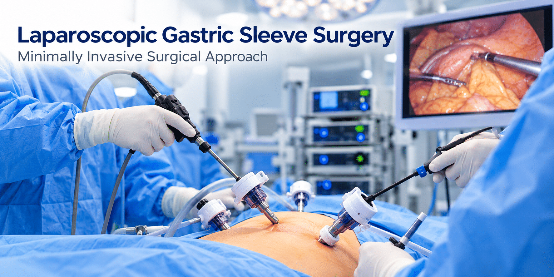 Laparoscopic gastric sleeve surgery showing surgical instruments used during sleeve gastrectomy